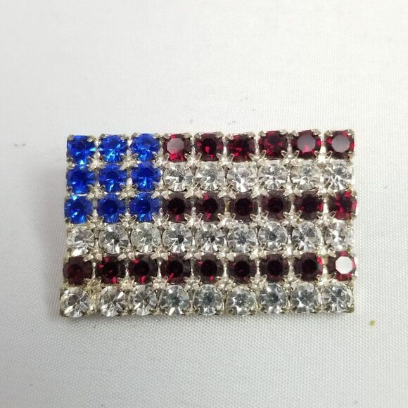 Vintage Rhinestone American Flag Brooch, Red White Blue Silver Tone Lapel Pin - Picture 7 of 7